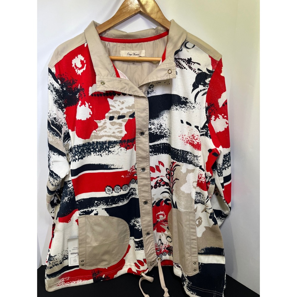 Onque Woman Abstract Snap Front Jacket Cardigan Pockets 3X Red Black Tan
